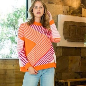 NWOT THML Pink Multi Stripe Mock Neck Sweater